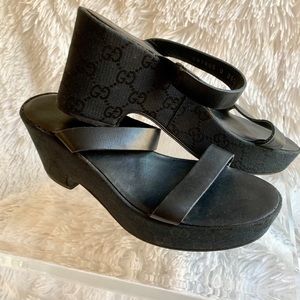 Gucci Black Monogram Wedge Sandal Vintage 36 1/2C
